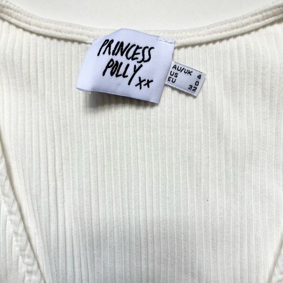 Princess Polly Carmend top white ribbed v neck with ruched tie fastening size 0 - Picture 3 of 5